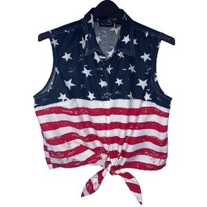 Bay Studio Top Blouse XL Red White Blue American Flag 100% Cotton Patriotic USA